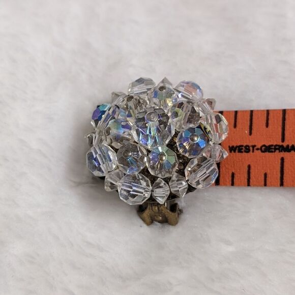 Vintage 1950's Aurora Borealis Crystal Round Button Clip Earrings - Picture 6 of 11